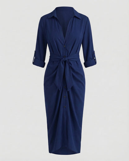 Damen Wickelkleid Hemdbluse Bindegürtel
