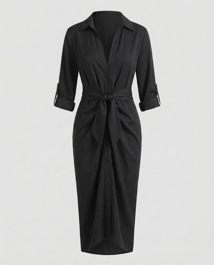 Damen Wickelkleid Hemdbluse Bindegürtel