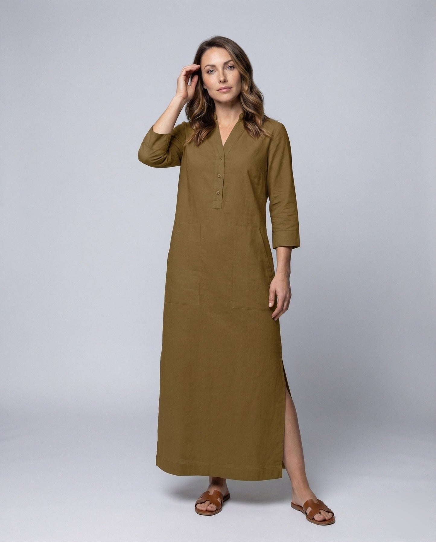 Damen Maxikleid Stehkragen Beinschlitz - Eveloria