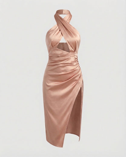 Damen Midikleid Neckholder Hohem Seitenschlitz
