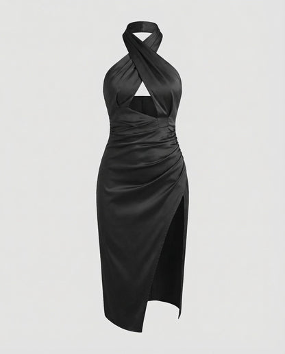 Damen Midikleid Neckholder Hohem Seitenschlitz