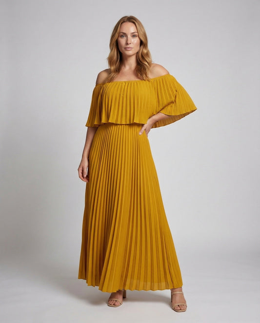 Damen Maxikleid Plissee-Volant Carmen-Ausschnitt - Eveloria