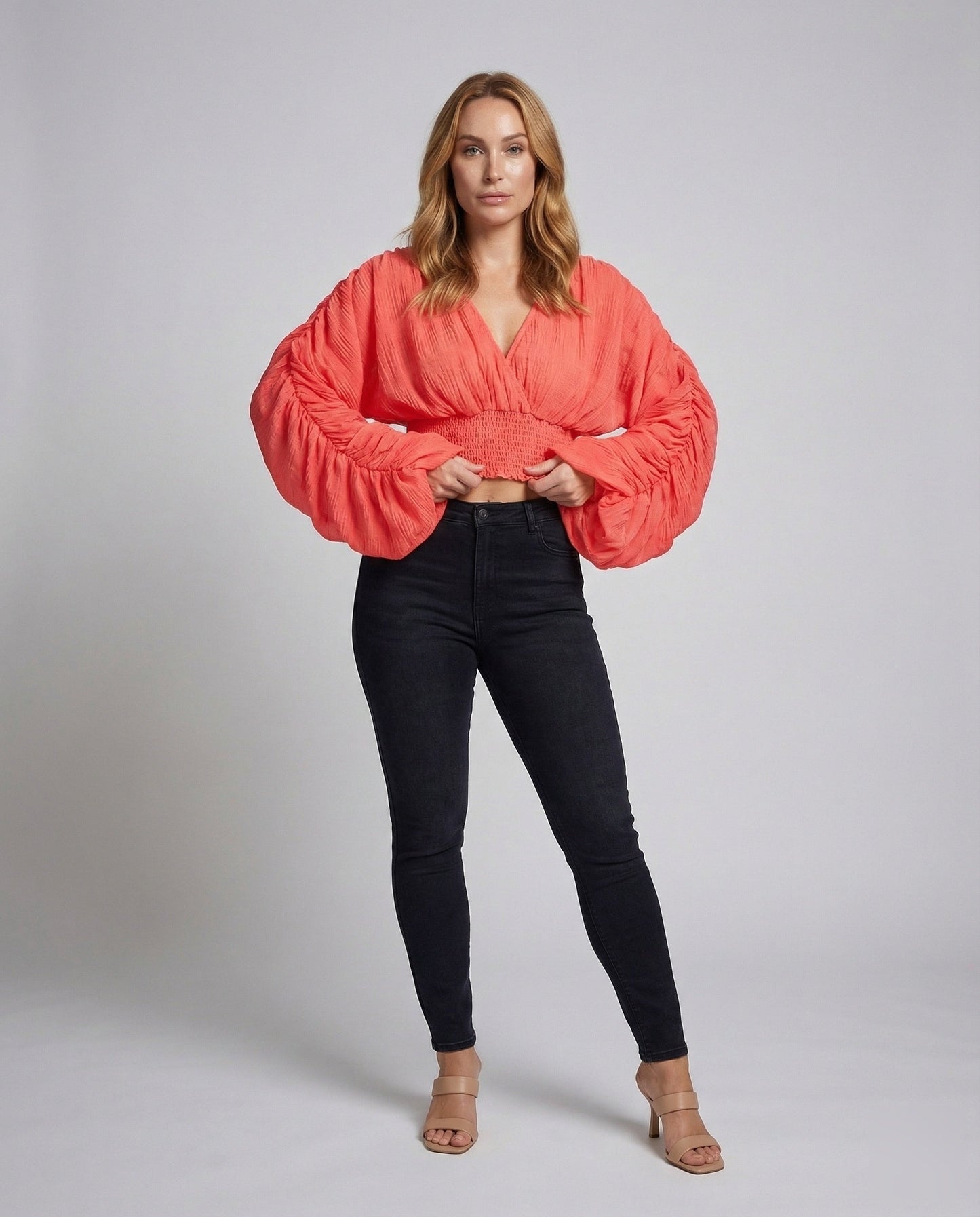 Damen Kurzbluse Plissiert Ballonärmel - Eveloria