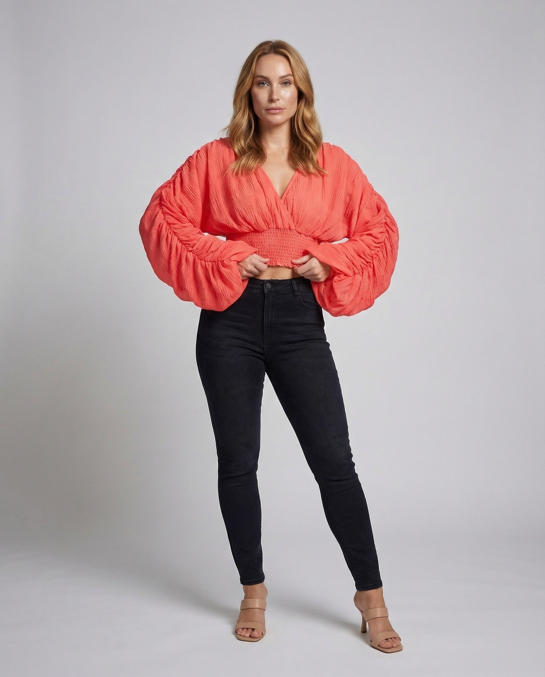 Damen Kurzbluse Plissiert Ballonärmel - Eveloria