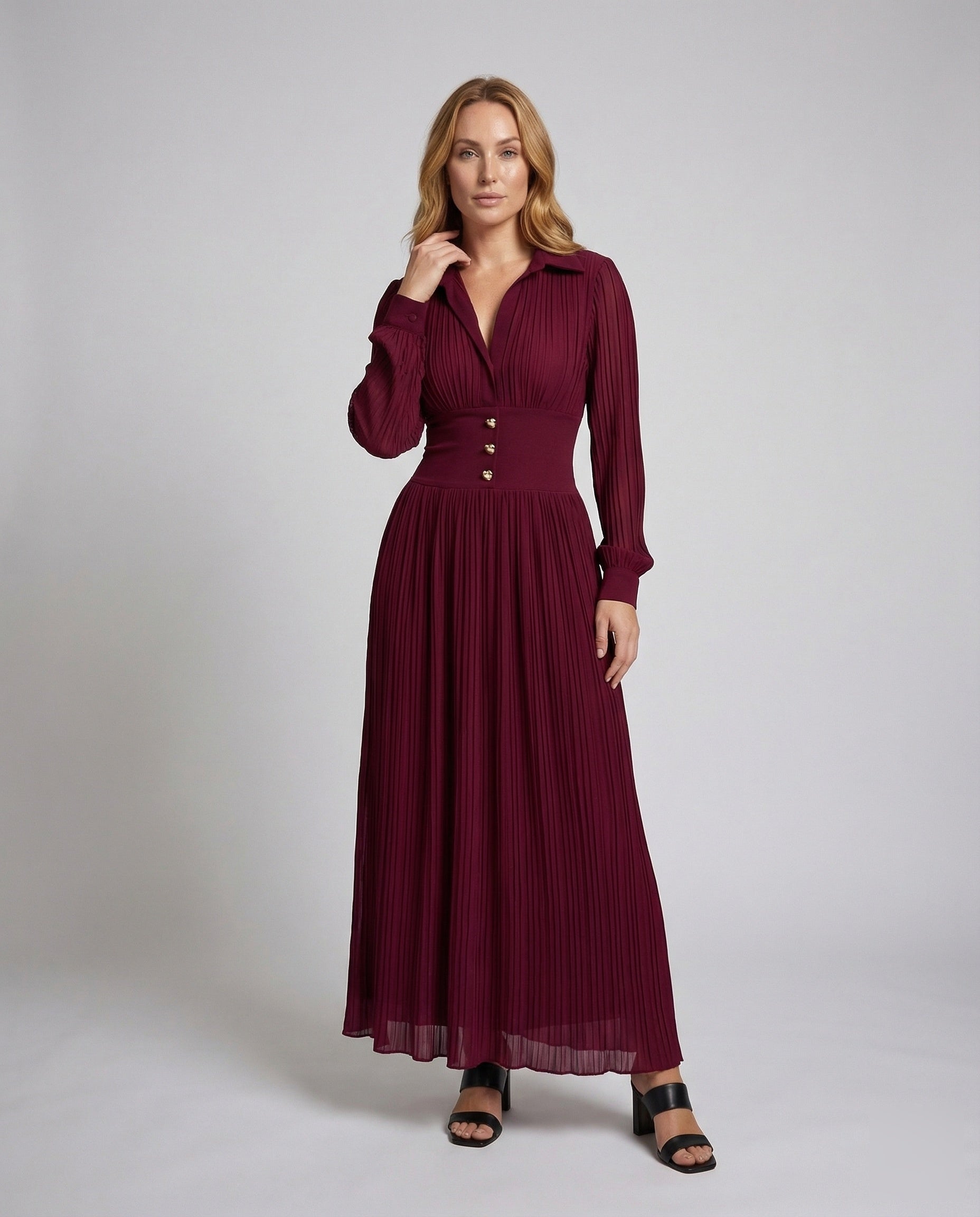 Damen Maxikleid Plissiertes Hemdkleid mit Zierknöpfen - Eveloria