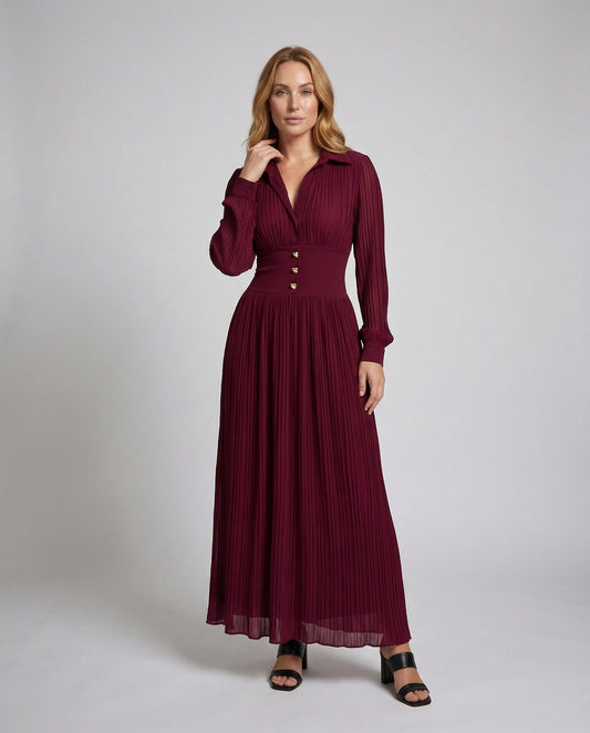 Damen Maxikleid Plissiertes Hemdkleid mit Zierknöpfen - Eveloria