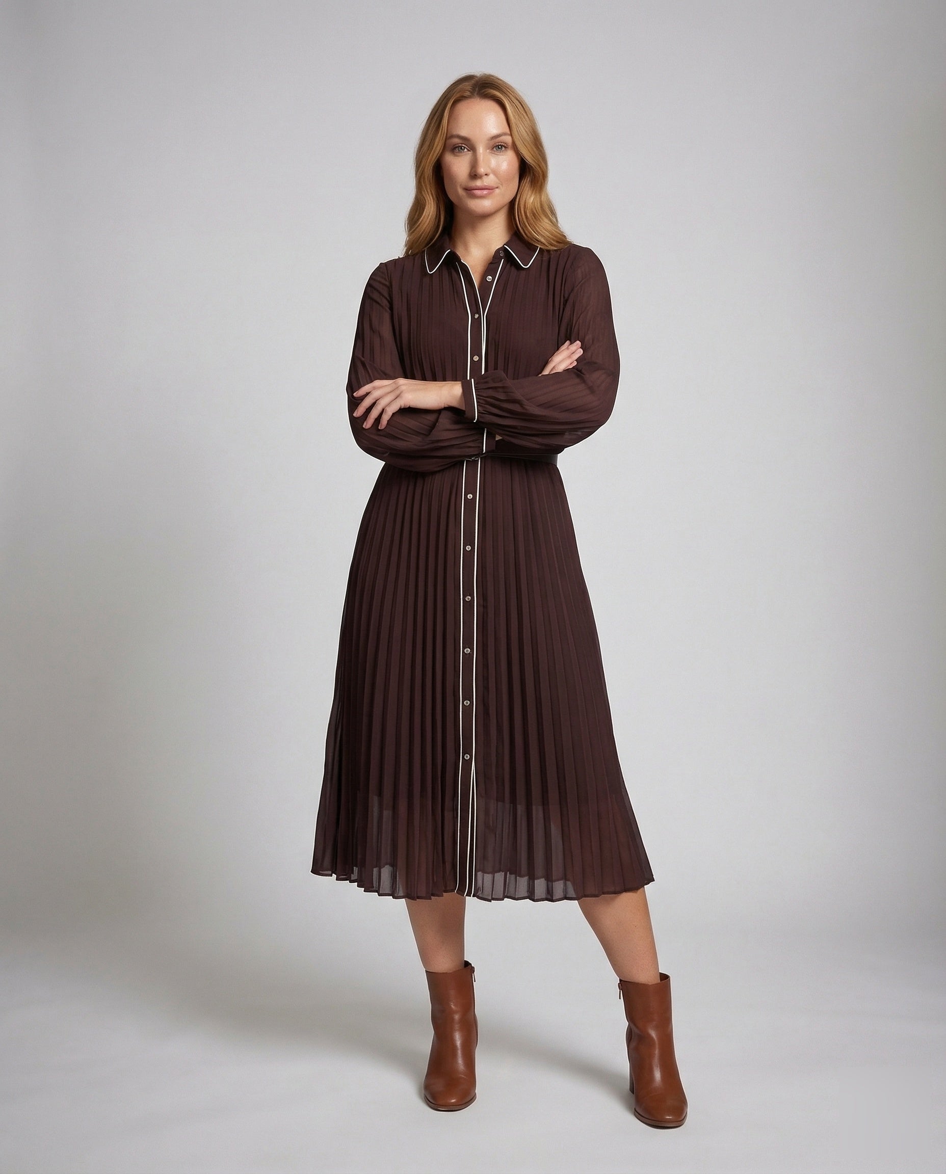 Damen Hemdblusenkleid Plissiert Kontrastpaspel - Eveloria