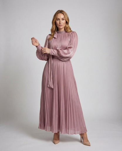 Damen Maxikleid Plissiert Ballonärmel Schleifenstola - Eveloria