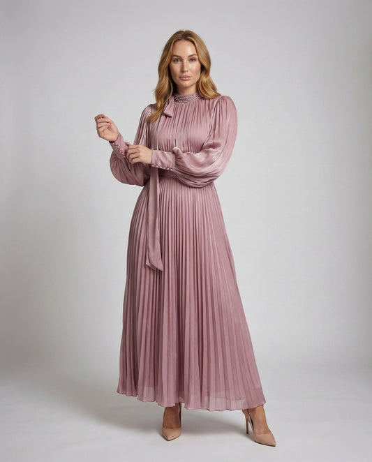 Damen Maxikleid Plissiert Ballonärmel Schleifenstola - Eveloria