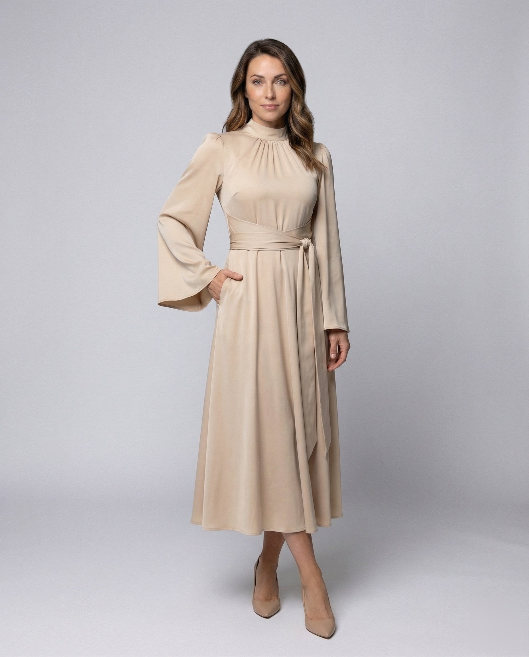 Damen Satin Midikleid mit Wickel-Gürtel - Eveloria
