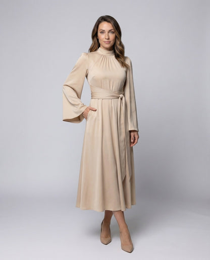Damen Satin Midikleid mit Wickel-Gürtel - Eveloria