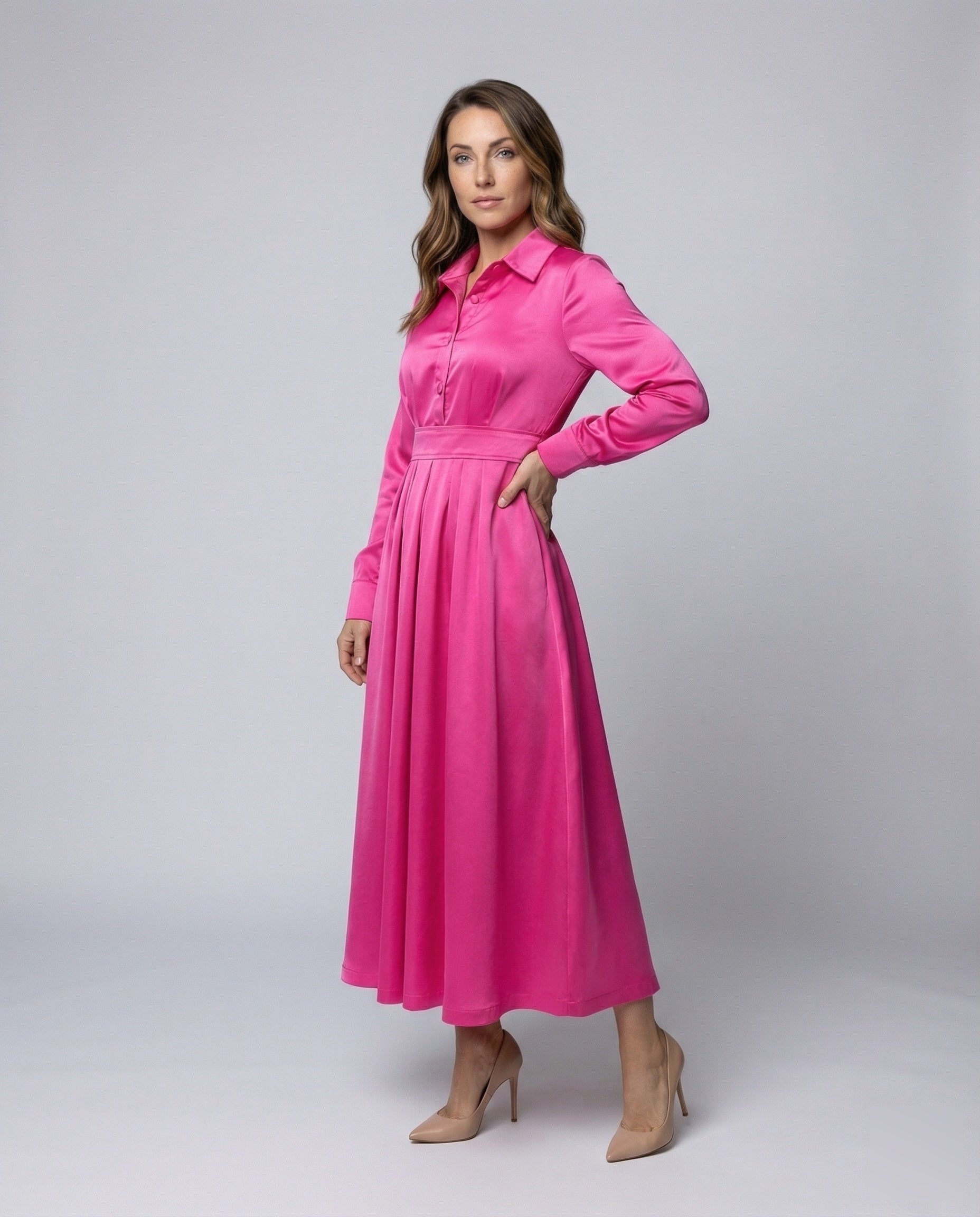 Damen Satin-Kleid Maxi-Länge Mit Bindegürtel - Eveloria