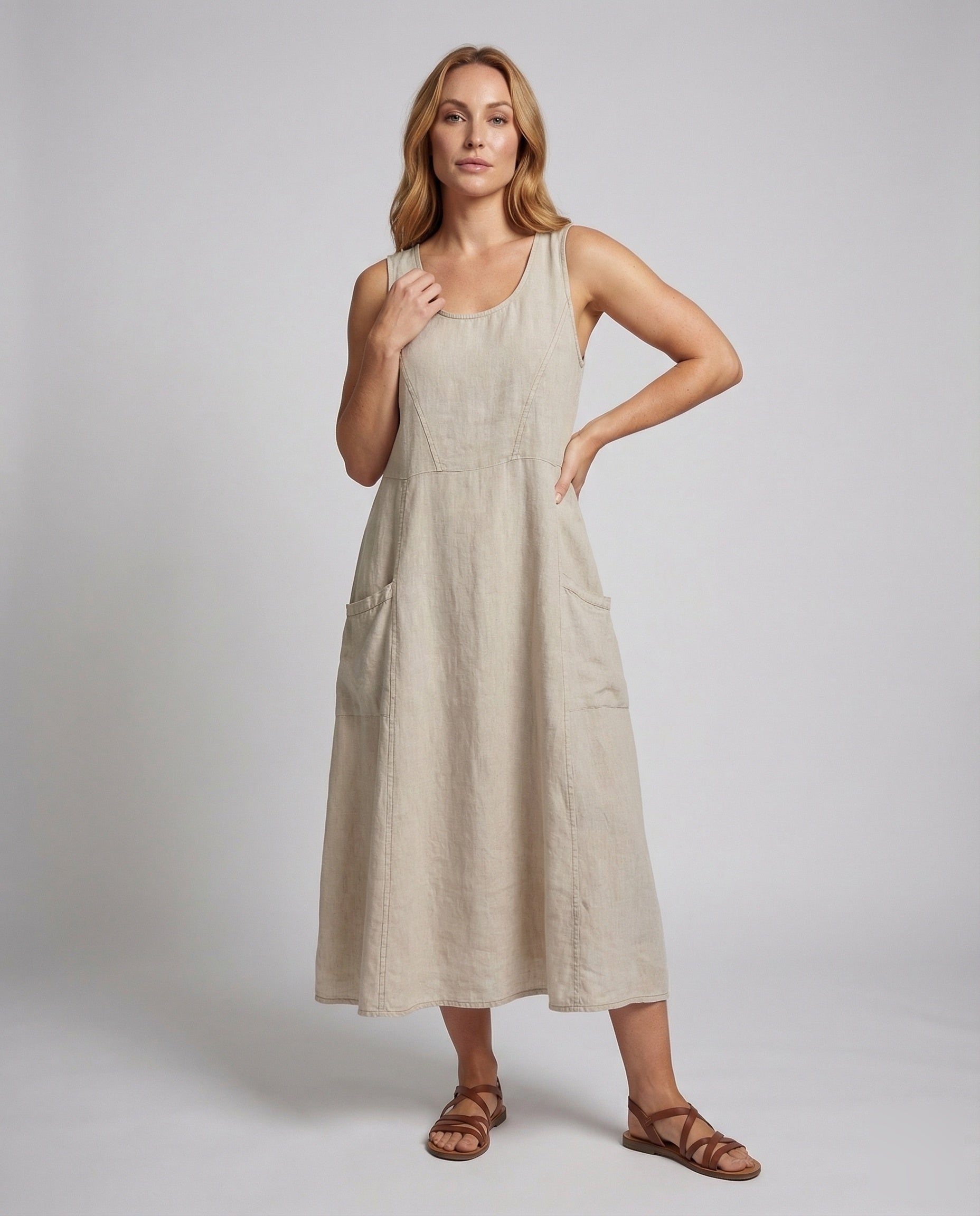 Damen Maxikleid Leinen Diagonale Teilungsnaht - Eveloria