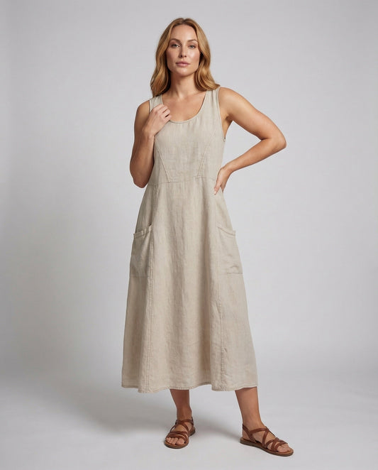 Damen Maxikleid Leinen Diagonale Teilungsnaht - Eveloria