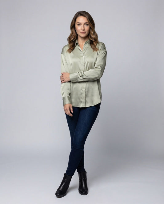 Damen Satinbluse Mit Hemdkragen Oversize Schwarz - Eveloria