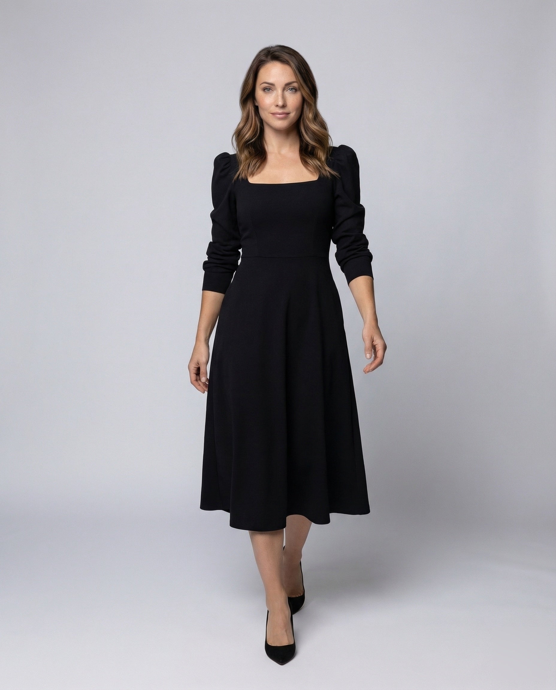 Damen Midikleid Quadratischer Ausschnitt Puffärmel - Eveloria