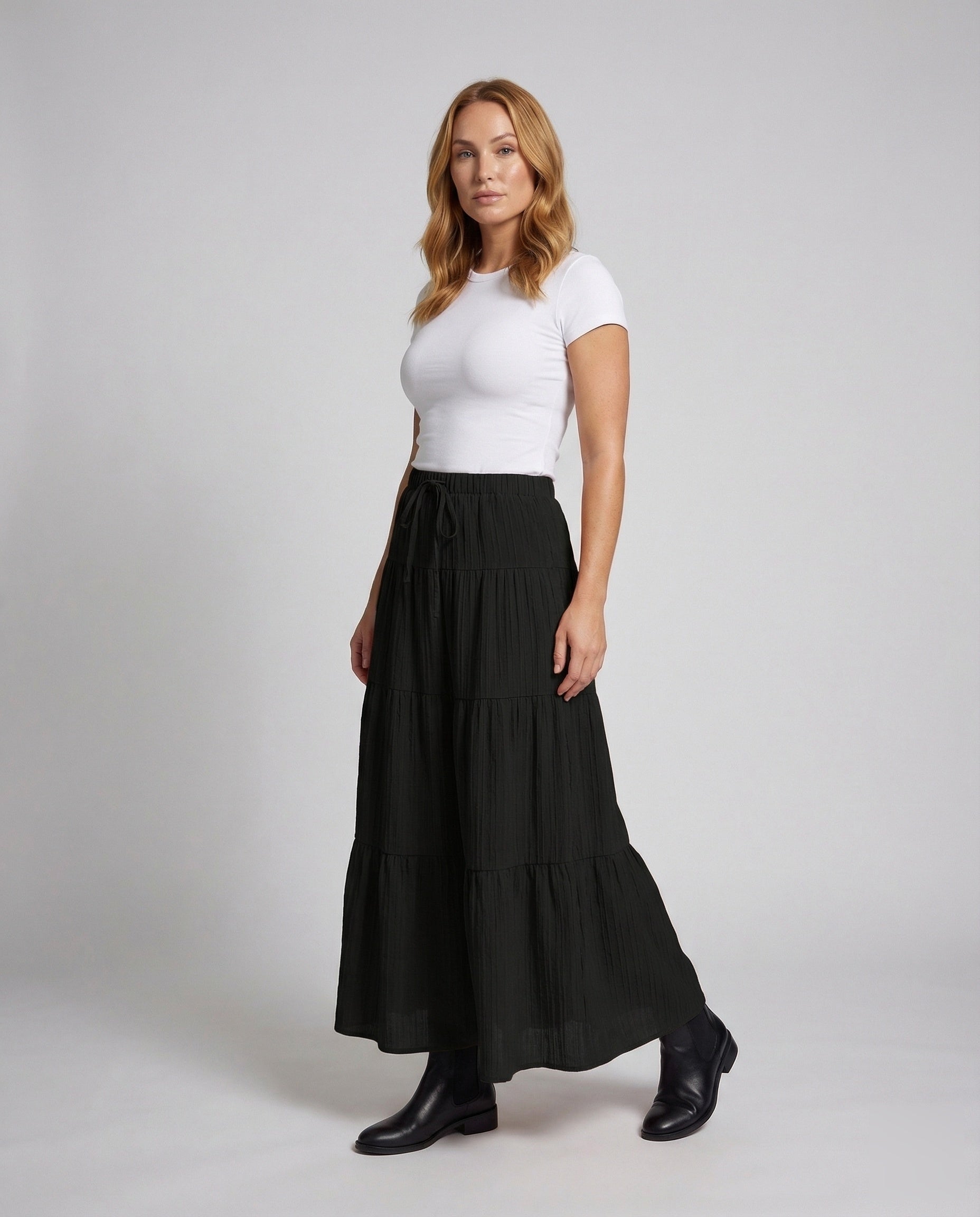 Damen Maxirock Elastischer Bund Plisseeoptik - Eveloria