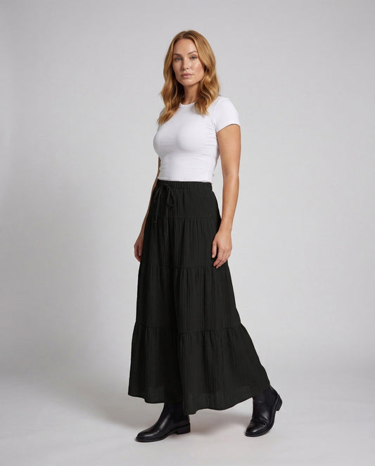 Damen Maxirock Elastischer Bund Plisseeoptik - Eveloria