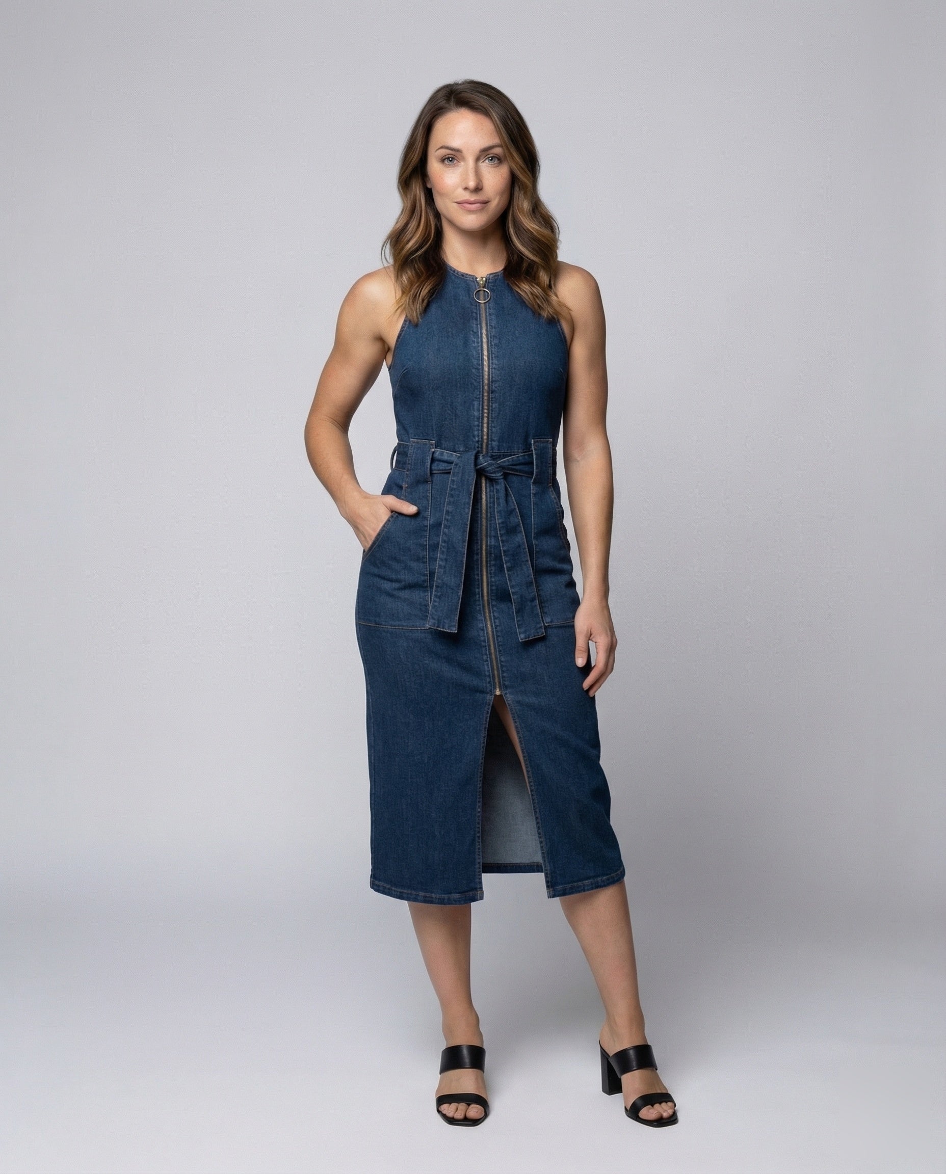 Damen Jeanskleid Mit Reißverschluss Und Taillengürtel - Eveloria