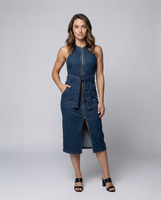 Damen Jeanskleid Mit Reißverschluss Und Taillengürtel - Eveloria