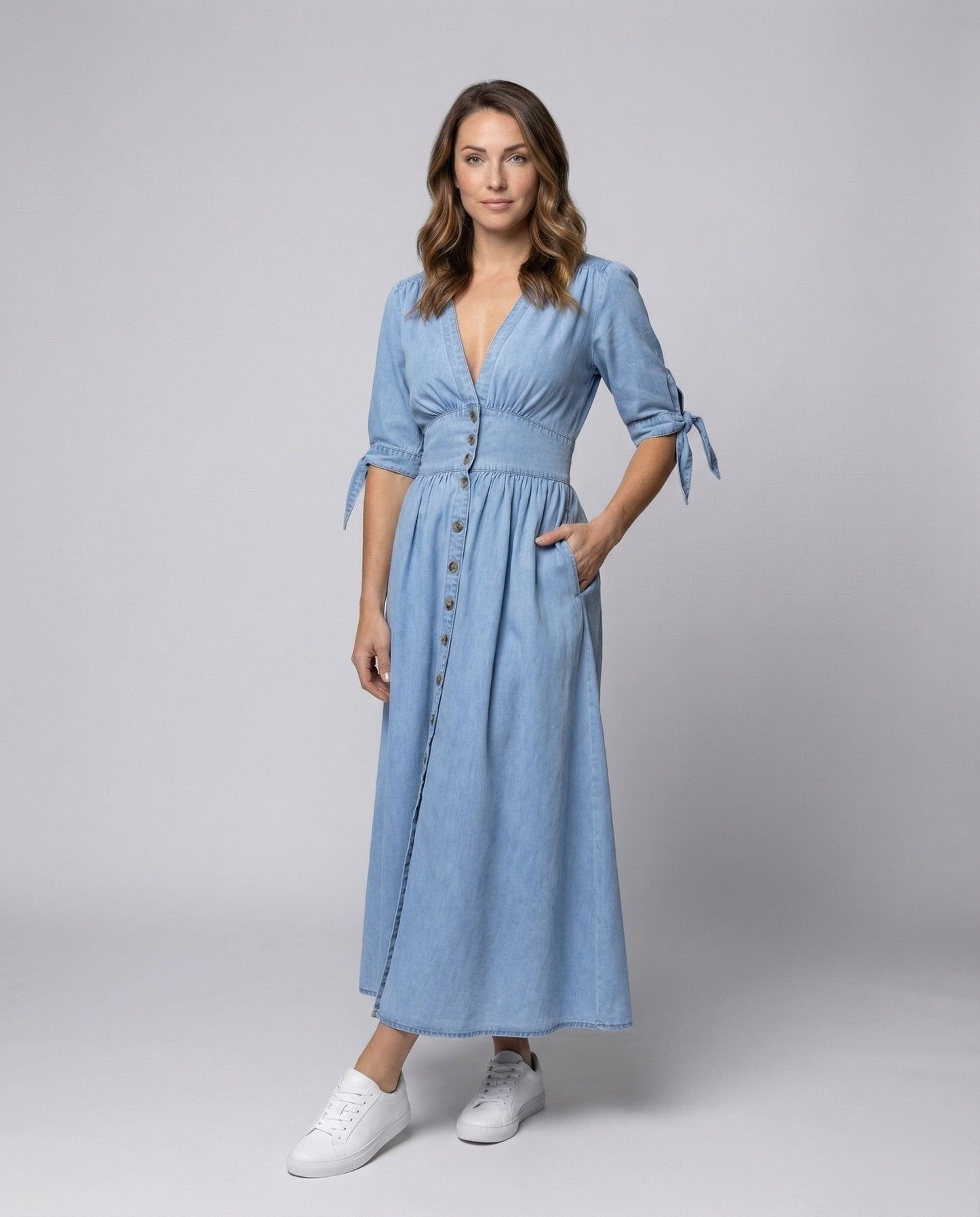 Damen Maxikleid Denim V-Ausschnitt Schleifenärmel - Eveloria