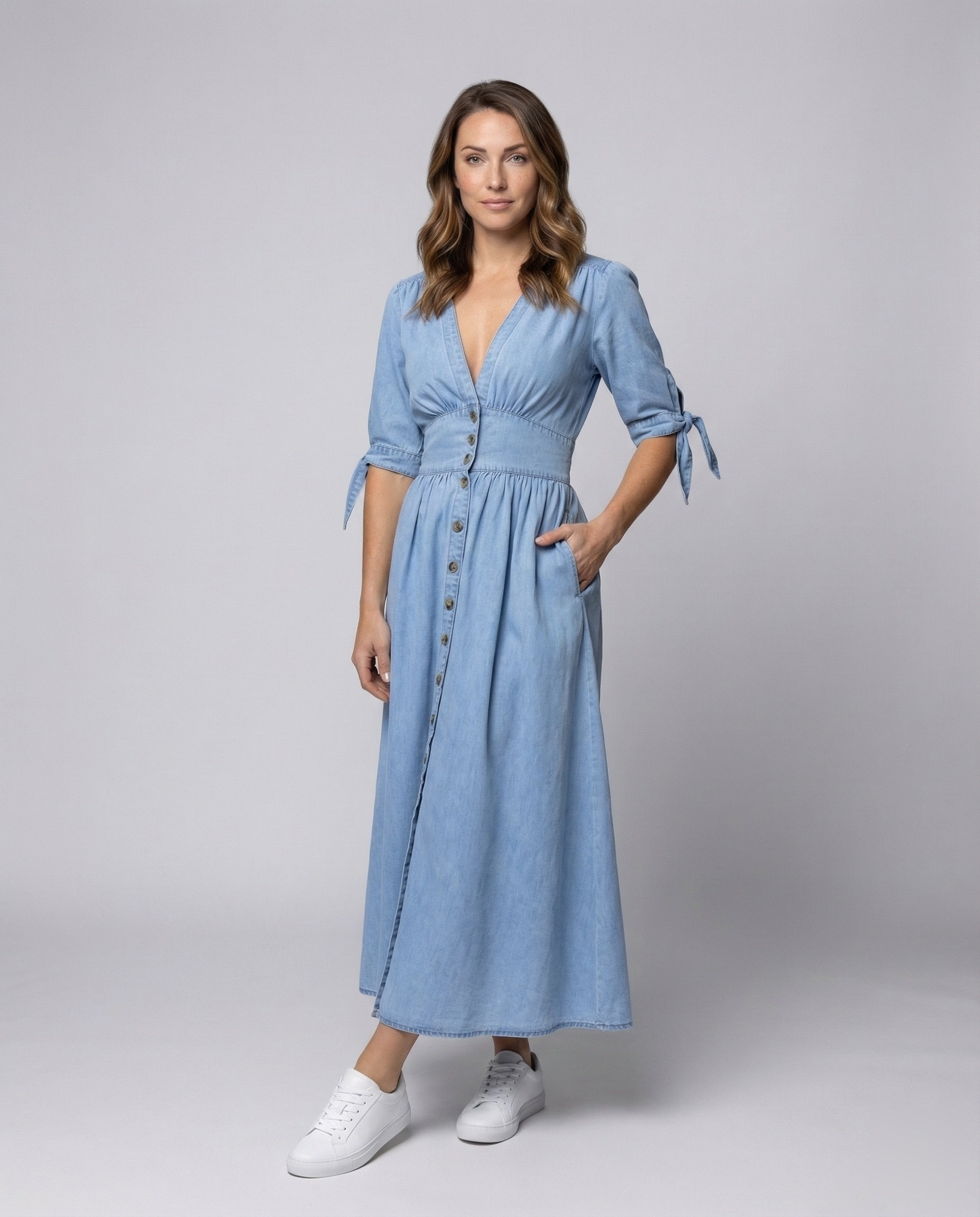 Damen Maxikleid Denim V-Ausschnitt Schleifenärmel - Eveloria