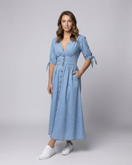 Damen Maxikleid Denim V-Ausschnitt Schleifenärmel - Eveloria