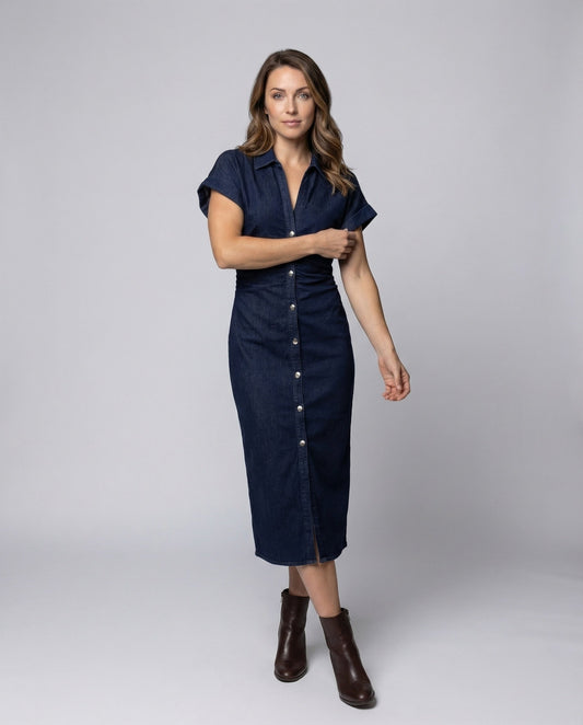 Damen Midikleid Taillenraffung Krempelärmel - Eveloria
