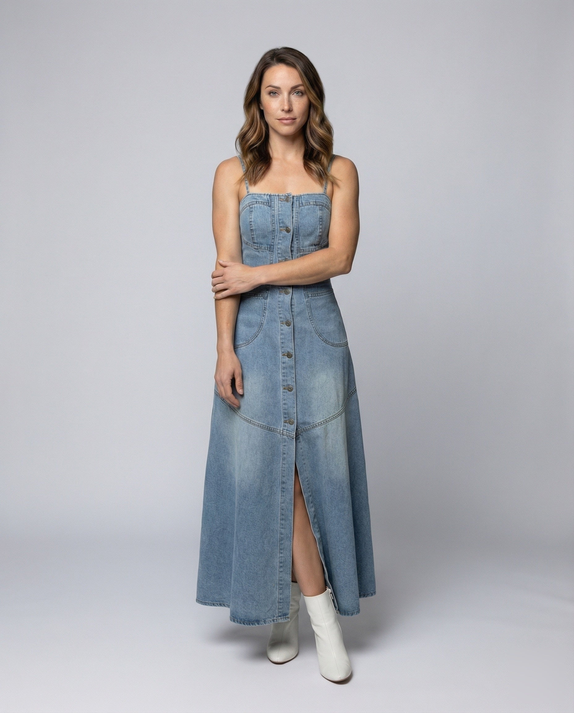 Damen Maxikleid Jeansstoff Verdeckte Knöpfe - Eveloria