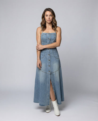 Damen Maxikleid Jeansstoff Verdeckte Knöpfe - Eveloria