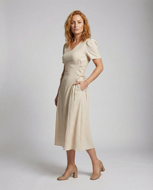 Damen Midikleid Leinenmix Puffärmel mit Taillenbändern - Eveloria