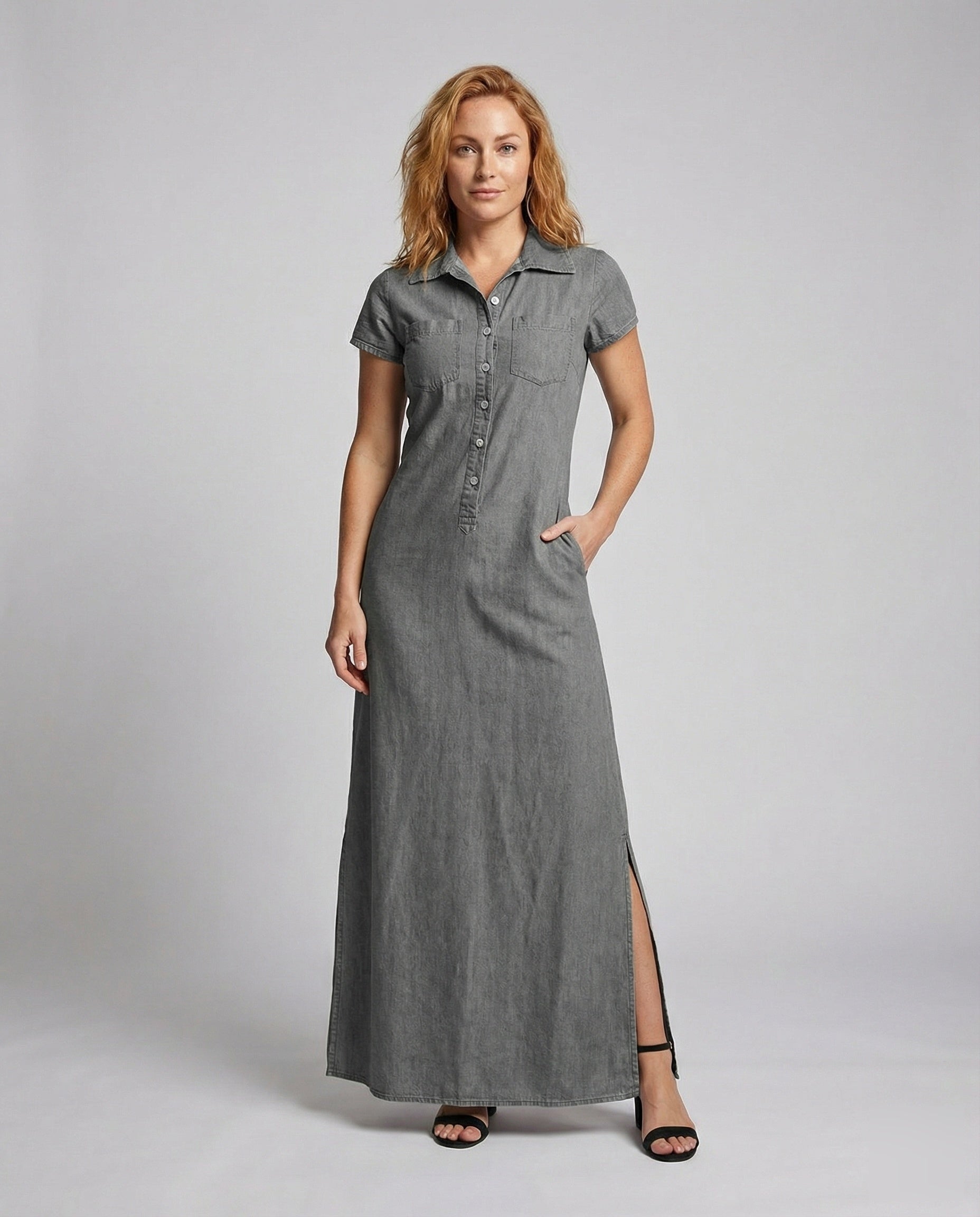 Damen Maxikleid Leinenoptik mit Seitenschlitz - Eveloria