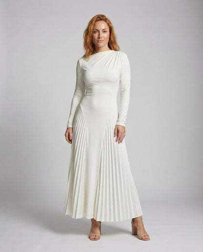 Damen Langarm Maxikleid mit Plissee-Einsätzen - Eveloria