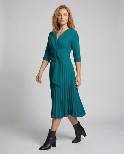Damen Midikleid Reverskragen Plissierter Rock Schwarz - Eveloria