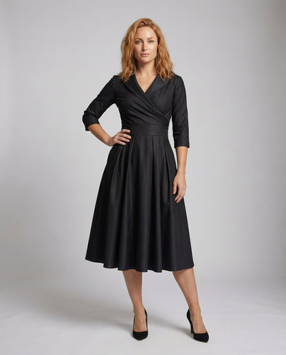 Damen Midikleid Mit Schalkragen Voluminöser Rock Schwarz - Eveloria