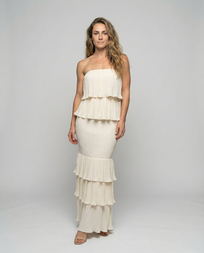 Damen Maxikleid Bandeau-Oberteil Volantrock Plissee - Eveloria