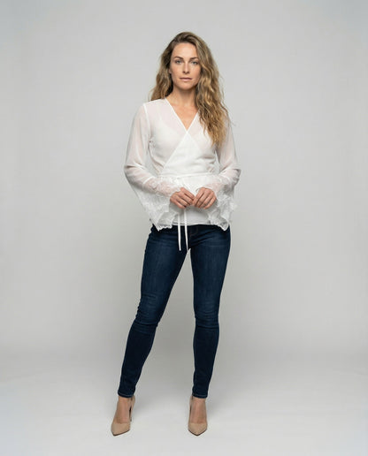 Damen Wickelbluse Chiffon Blütenapplikation - Eveloria