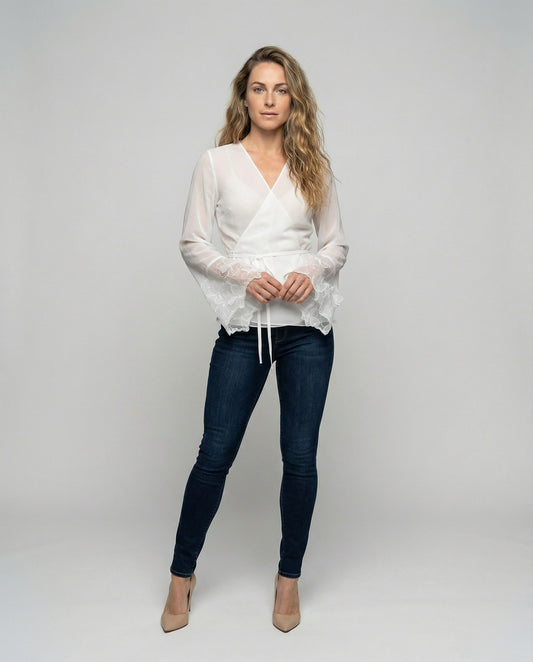 Damen Wickelbluse Chiffon Blütenapplikation - Eveloria