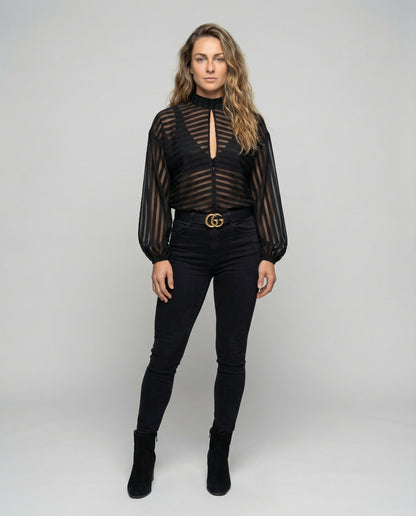 Damen Bluse Streifen Stehkragen Ballonärmel - Eveloria
