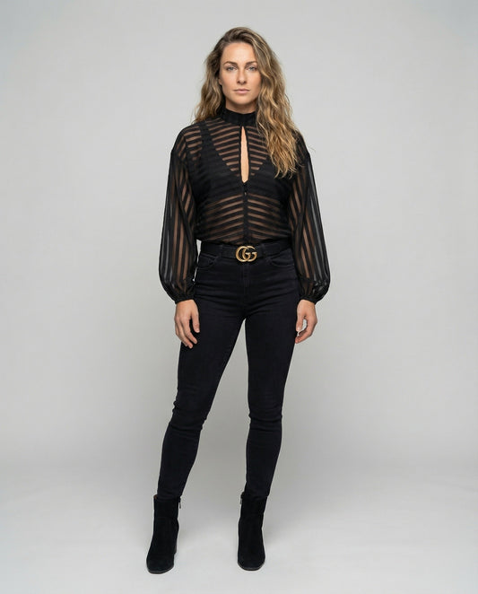 Damen Bluse Streifen Stehkragen Ballonärmel - Eveloria