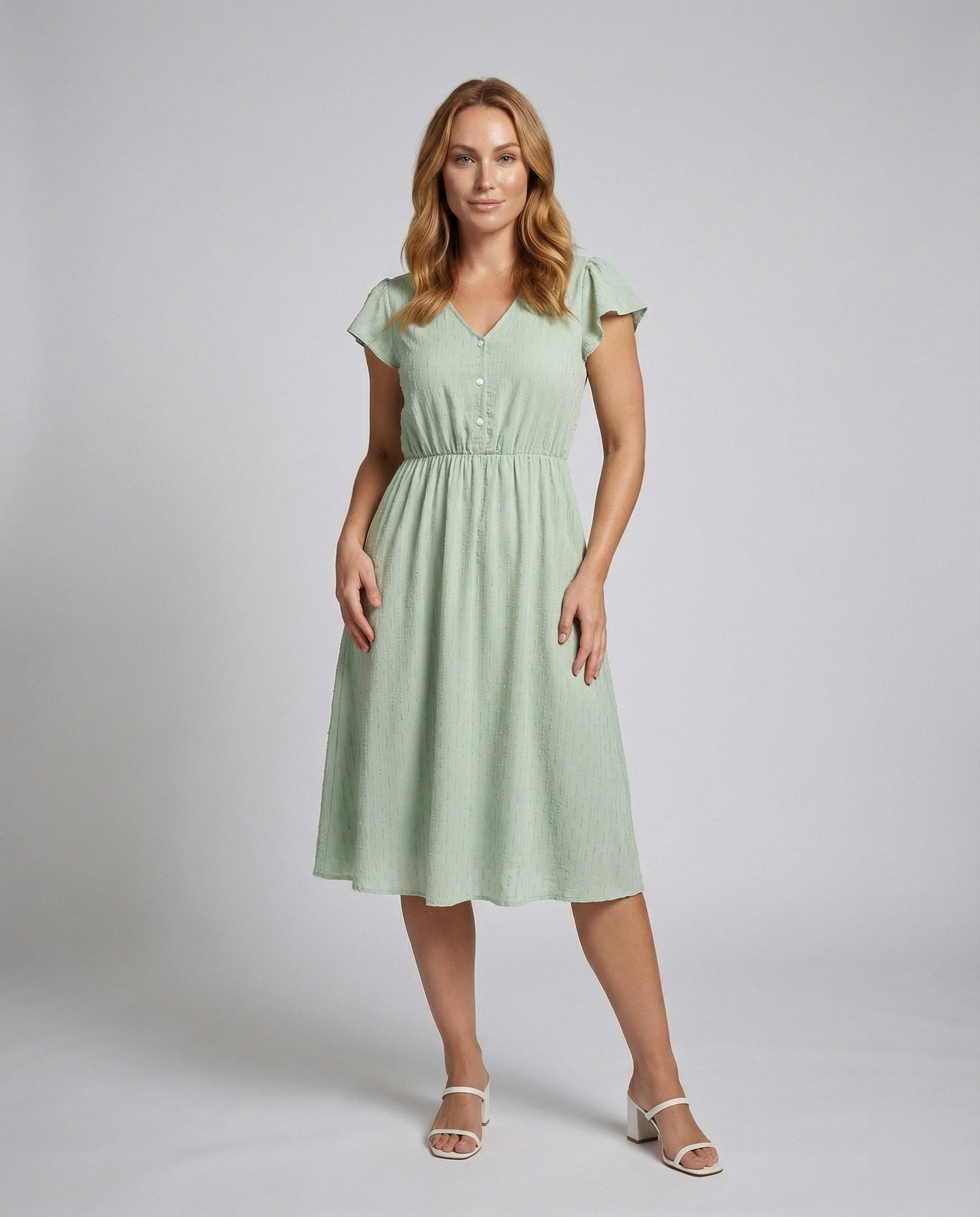 Damen Midikleid Jacquard Flügelärmel - Eveloria