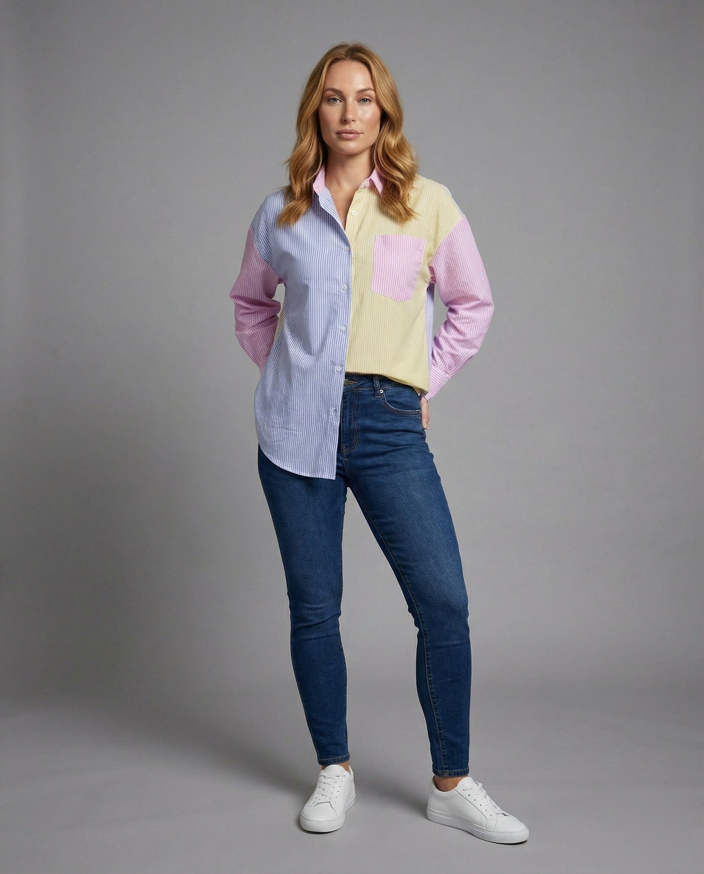 Damen Hemd Feine Streifen Farbblock-Design - Eveloria