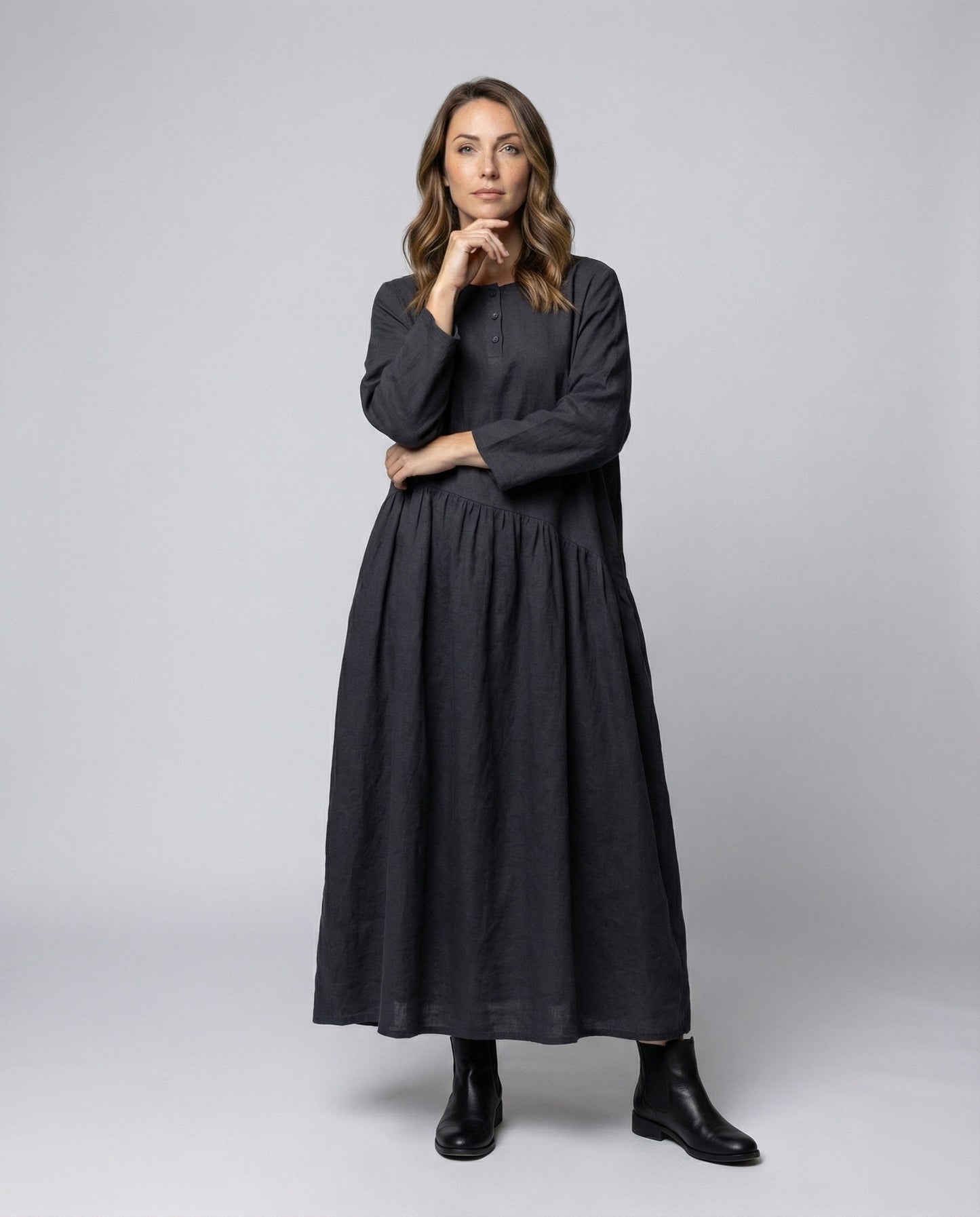 Damen Leinenkleid Geraffte Taillennaht Knöchellang - Eveloria