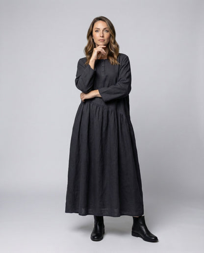 Damen Leinenkleid Geraffte Taillennaht Knöchellang - Eveloria