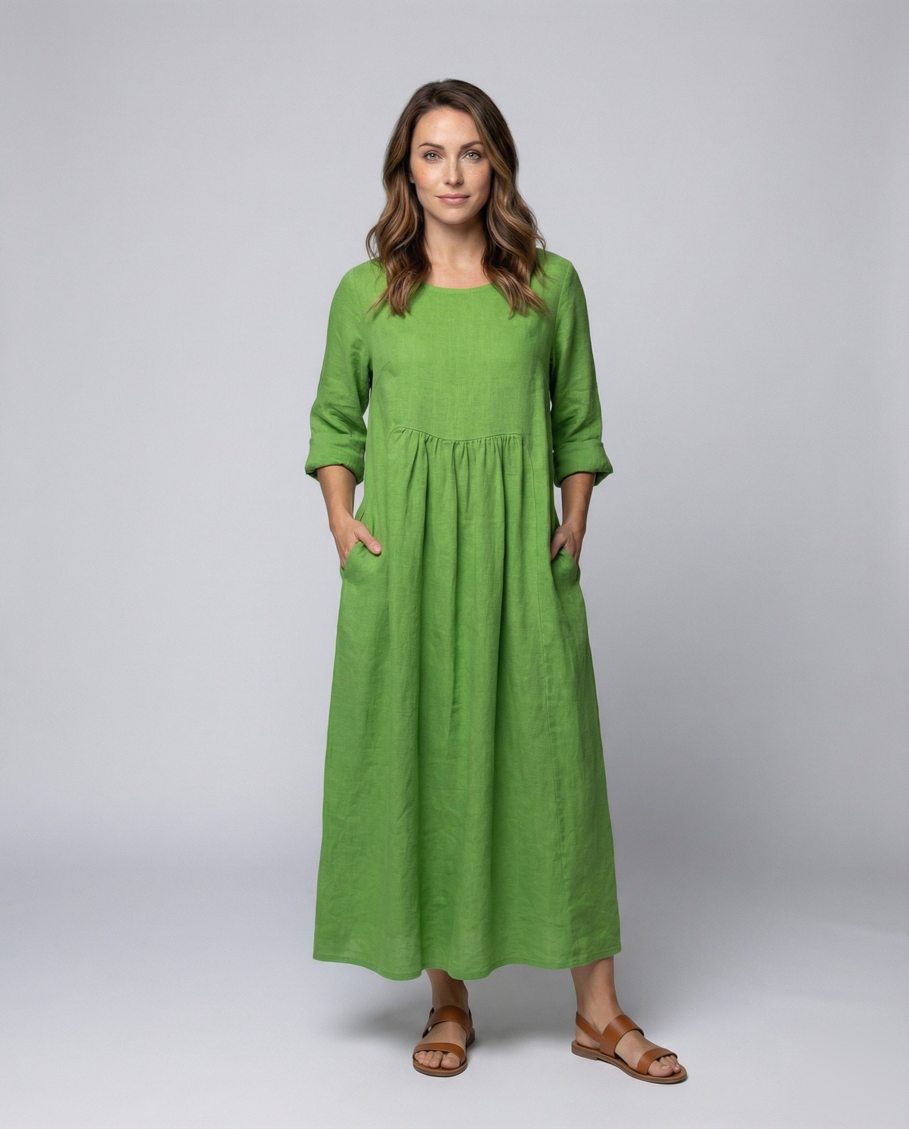 Damen Leinen Maxikleid mit Dreiviertelärmeln und Unterbrustnaht Beige - Eveloria