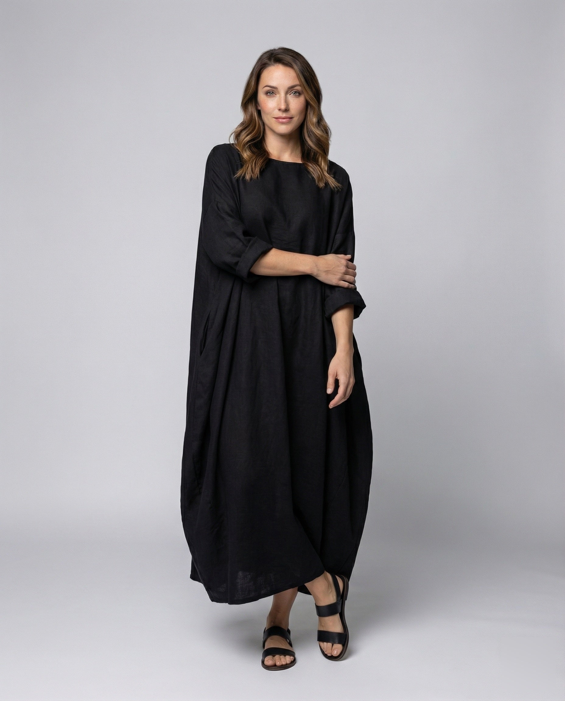 Damen Maxikleid Leinenoptik Bootsausschnitt - Eveloria