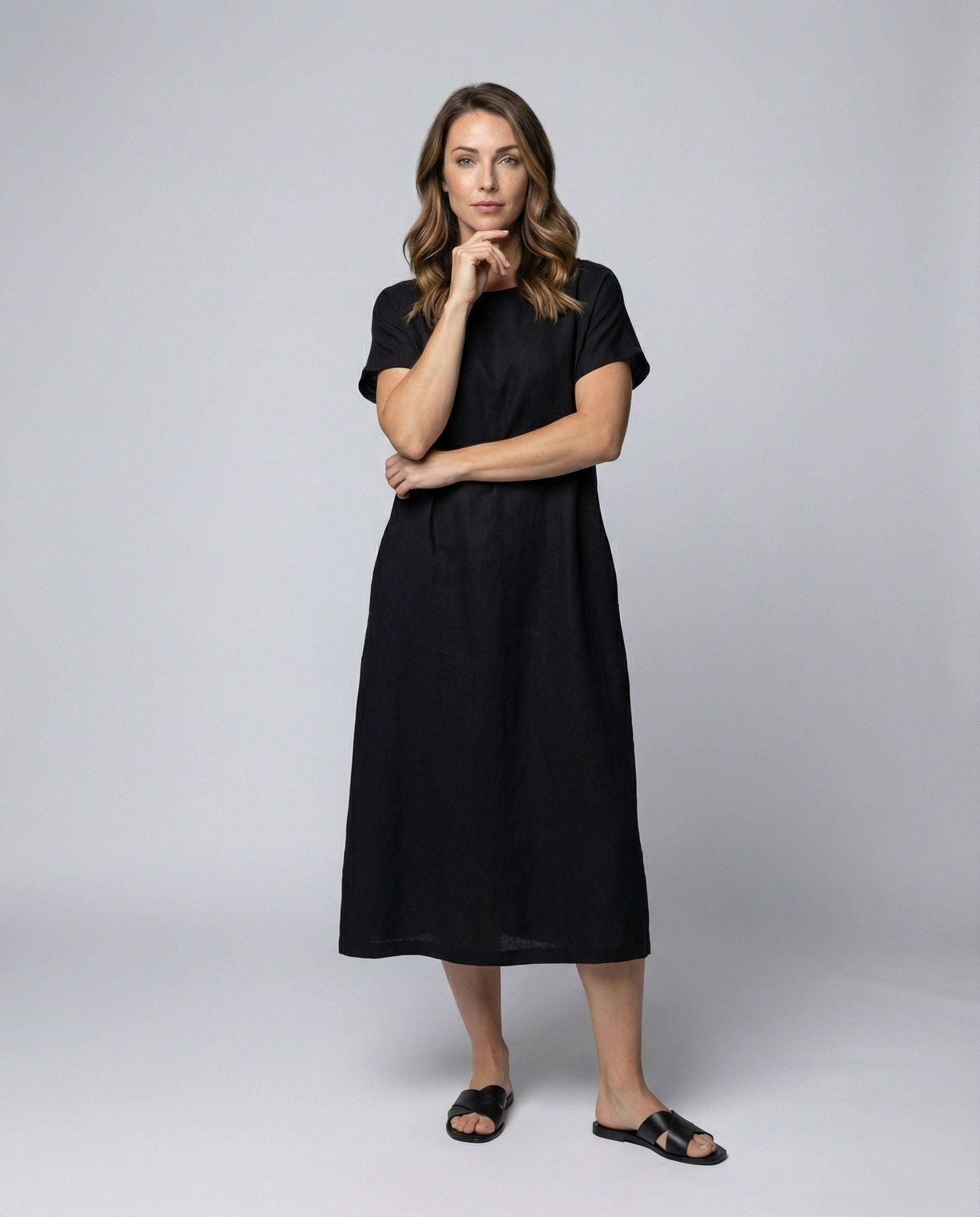 Damen Leinenmix Midikleid Schiffsausschnitt - Eveloria