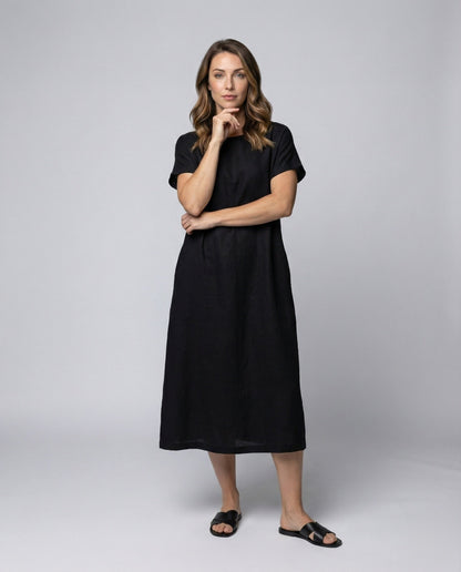 Damen Leinenmix Midikleid Schiffsausschnitt - Eveloria