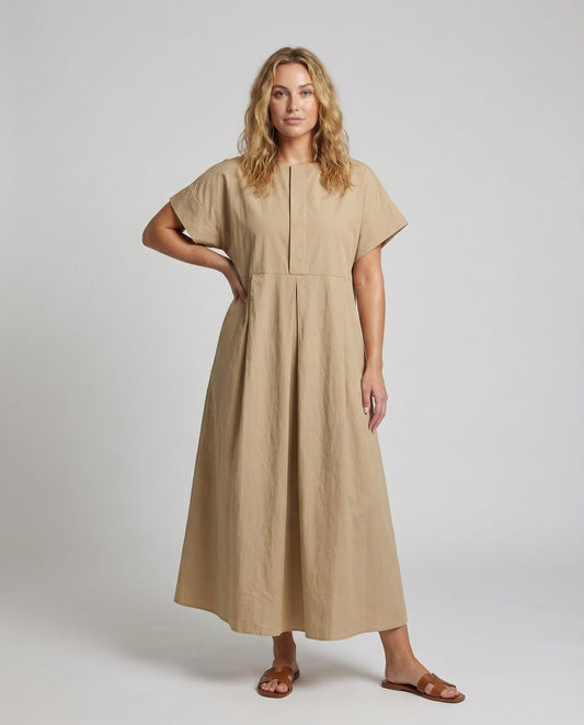 Damen Maxikleid Leinenmix A-Linie Kellerfalten - Eveloria