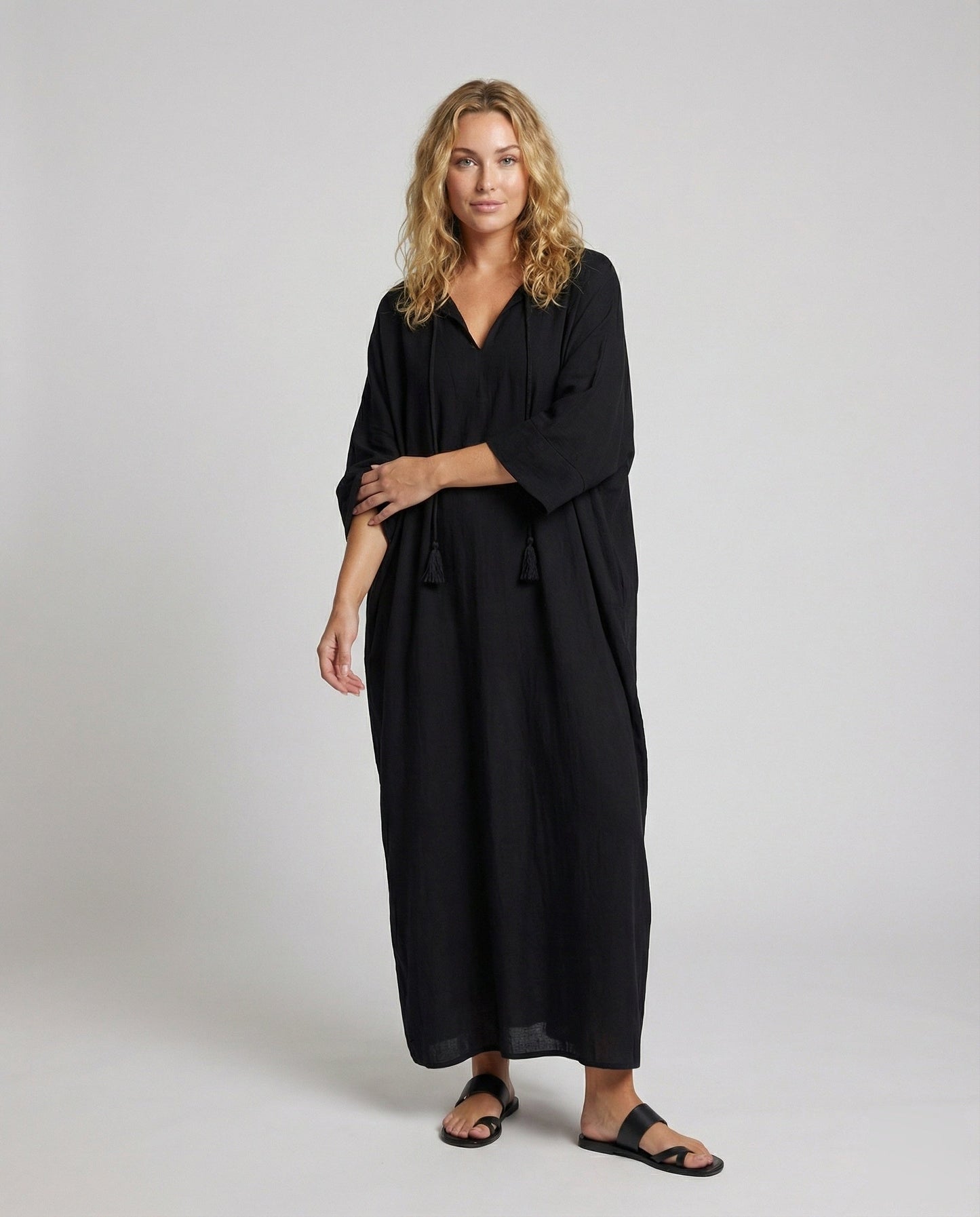 Damen Maxikleid V-Ausschnitt Kordelzug Baumwolle Schwarz - Eveloria